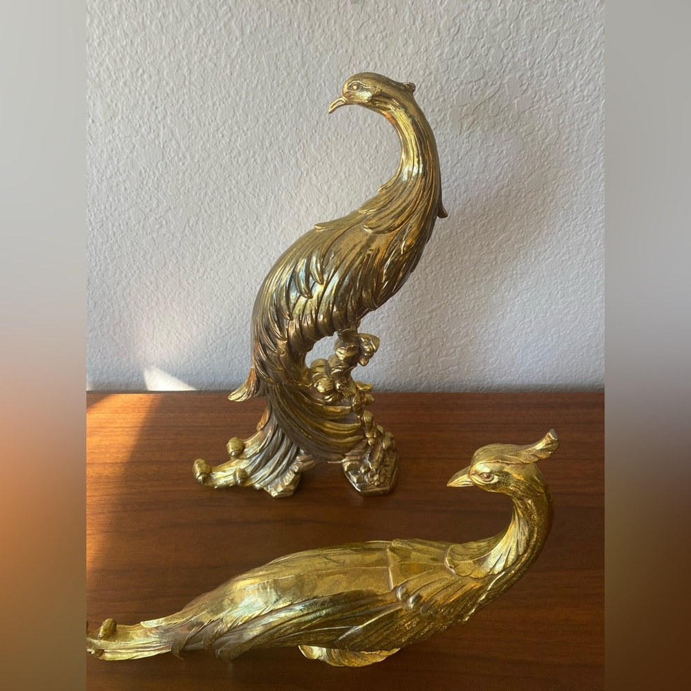 Gold peacock statues. MCM Syroco made in the USA.